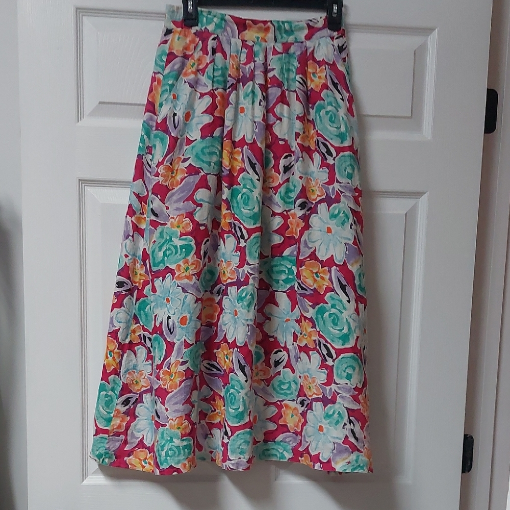 Vintage Vibrant Floral Lined 100% Irish Linen Skirt